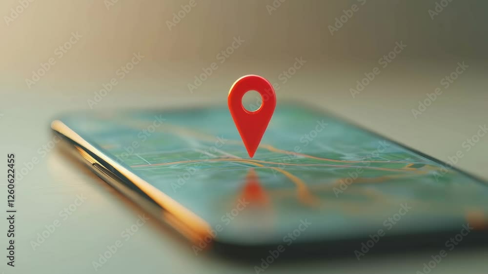 Poster Location services and navigation are highlighted by a red location pin bouncing gently on a smartphone map displayed on the screen, in slow motion