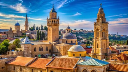 Dormition Abbey, Jerusalem Skyline: Minaret, Belfry & Blue Sky Panoramic