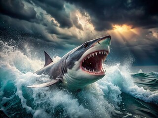 Fototapeta premium Double Exposure: Angry Shark - Majestic Ocean Predator