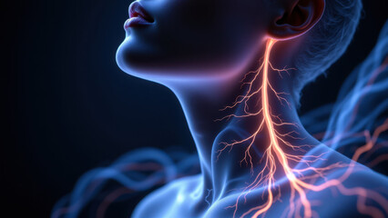 A detailed 3D rendering illustrating VNS (Vagus Nerve Stimulation) with glowing nerve fibers radiating from the neck area.