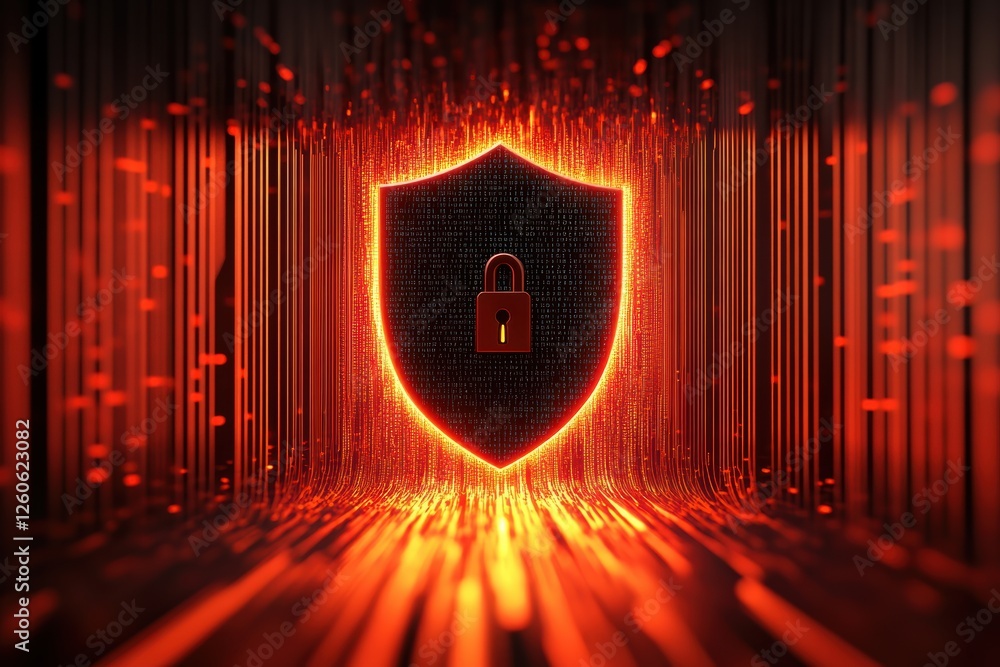 Poster digital code flows through a locked shield symbolizing cybersecurity and protection