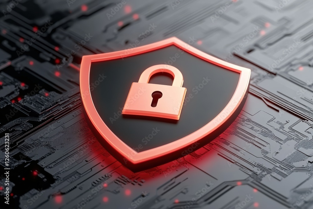 Poster digital shield icon representing cyber security with lock symbol on circuit background