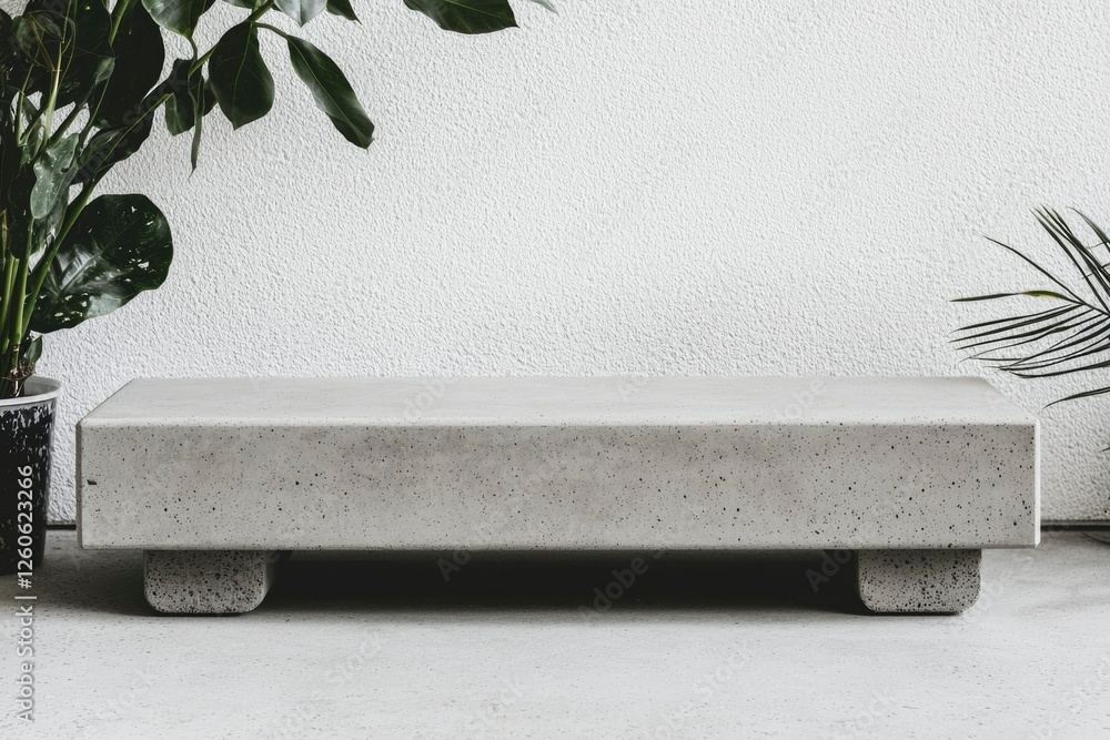 Poster concrete display platform with plant backgrounds. mockup for products display