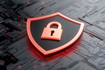 Digital shield icon representing cyber security with lock symbol on circuit background