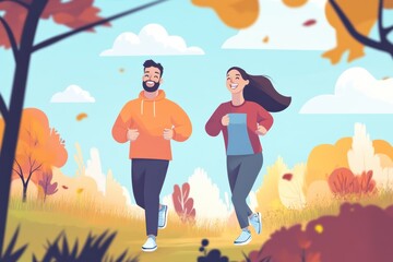 Fototapeta premium A couple jogs side by side in a vibrant autumn setting filled with colorful leaves