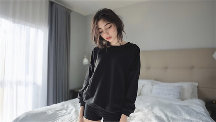 A young woman in a black sweater and shorts stands in a modern interior, illuminated by natural light, creating a warm and cozy atmosphere in a stylish bedroom.