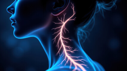 Medical illustration of a human head with highlighted vagus nerve for VNS therapy.