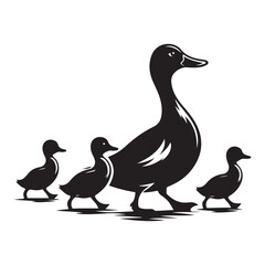 Ducklings following a mother duck Silhouette Vector Illustration, Solid White Background.