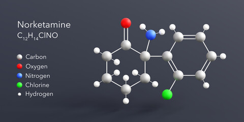 norketamine molecule 3d rendering, flat molecular structure with chemical formula and atoms color coding