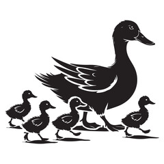 Ducklings following a mother duck Silhouette Vector Illustration, Solid White Background.