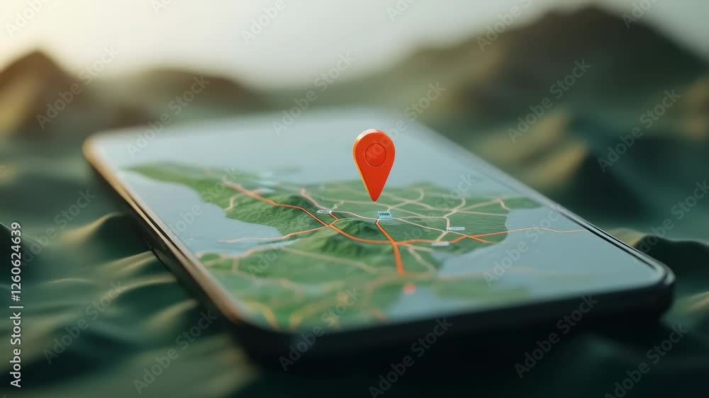 Poster Location pin pulsing dynamically on smartphone screen, highlighting current gps position against vibrant green textured backdrop representing modern digital navigation technology