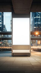 A modern urban scene featuring a blank advertising billboard beside a bench, surrounded by tall buildings and city lights.