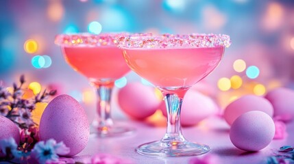 a festive Easter scene featuring pink cocktails with sugar-rimmed glasses, surrounded by pastel-colored speckled eggs