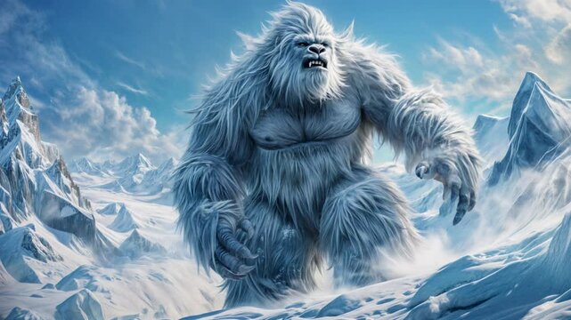 A massive Yeti creature roams the snowy mountains, showcasing its immense power and mythical presence. The icy landscape and the Yeti's intimidating size create an atmosphere of mystery and legend