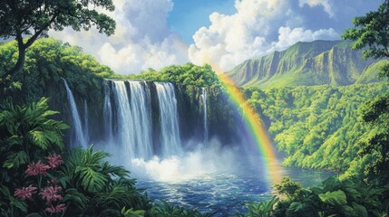 Lush Waterfall Rainbow Tropical Paradise (1)