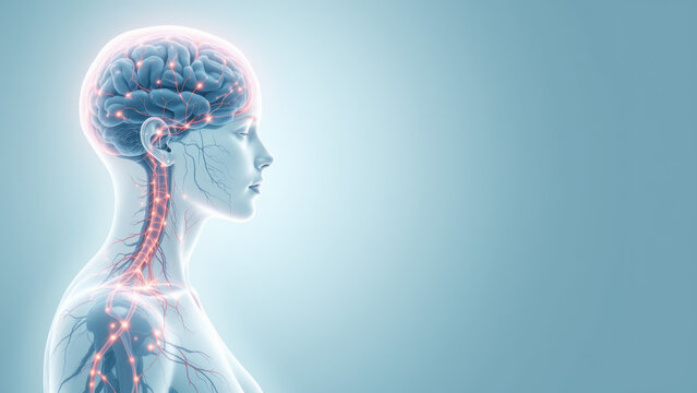 A detailed medical illustration focusing on human anatomy, specifically the central nervous system with a clear view of the brain.
