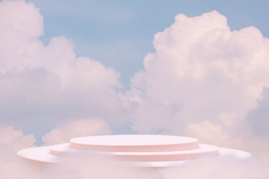 Minimal geometry podium table top with blue sky pink white cloud background.product placement pedestal modern stand display,surreal paradise dreamy concept.