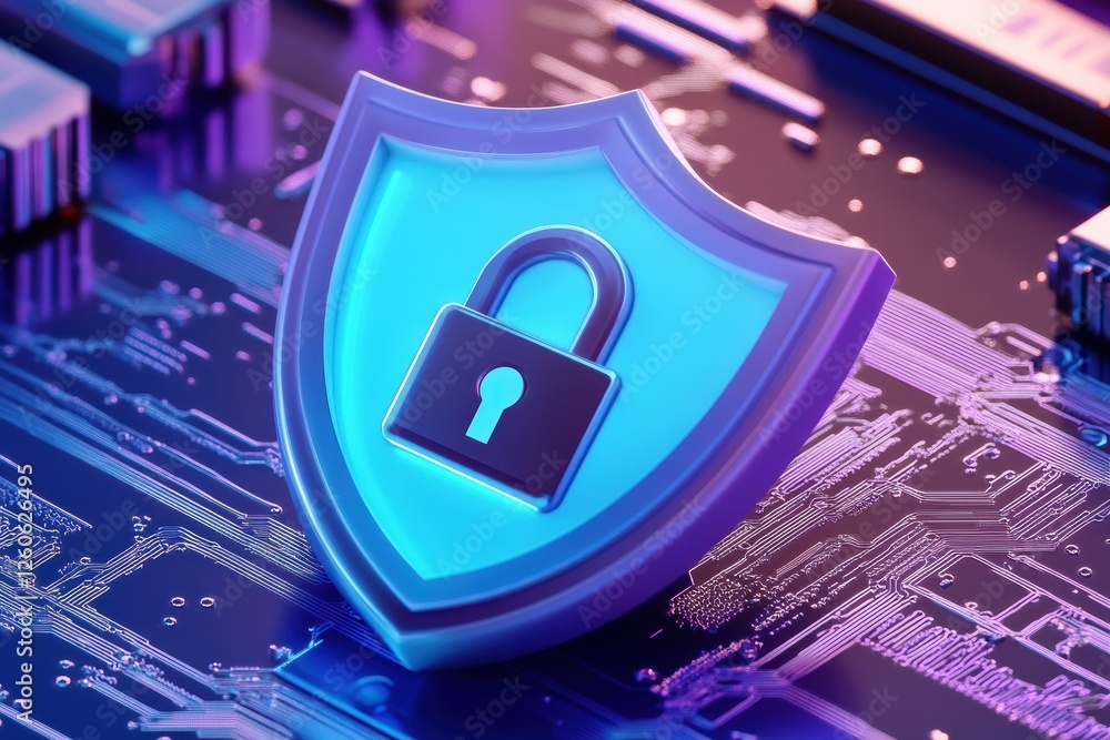 Poster digital security shield with a lock symbol on a circuit board background highlighting cybersecurity