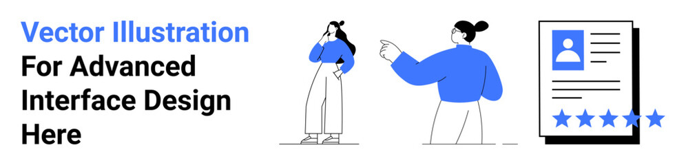 Two individuals exploring interface design ideas, with a profile card featuring user information and a rating system. Ideal for UX, UI concepts, teamwork, professional profiles, ranking systems, user