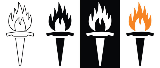 fire flame torch icon .torch burning fire light lit up. Torch icon vector. Flame symbol with holding stick. Victory, success or achievement sign.silhouette design