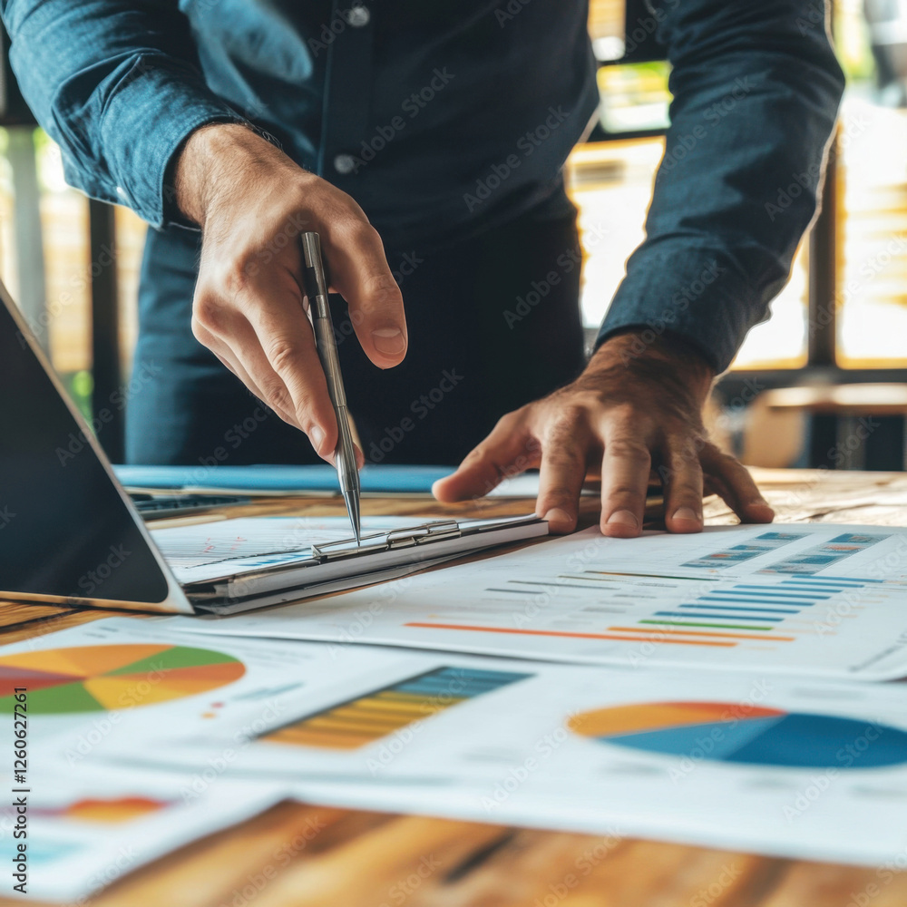 Poster professional preparing a business report with charts and graphs in a modern office setting