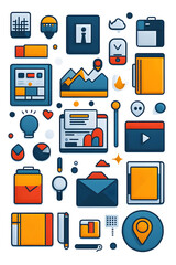 Modern business icons with clean lines representing digital marketing and branding