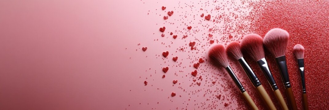 Pink Makeup Brushes on a Pink Background with Hearts
