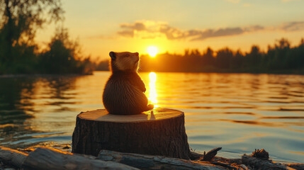 A silhouette of a beaver against a sunset, showcasing high fidelity in a serene natural setting.