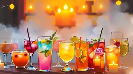Large collection of summer refreshing cocktails in transparent glasses