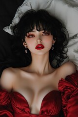 Naklejka premium Mysterious Beauty in Red Velvet Dress