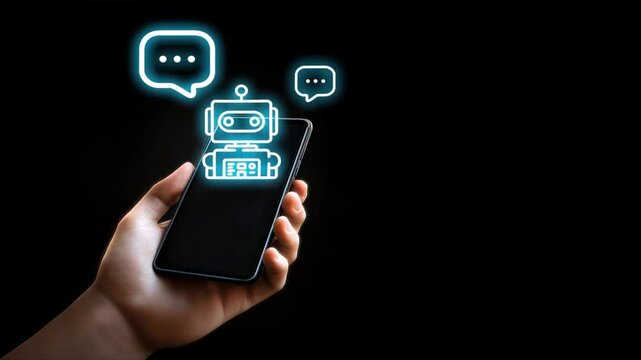 A hand holds a smartphone with a chatbot interface on the screen, symbolizing AI Agents, AI Assistant, and AI driven communication