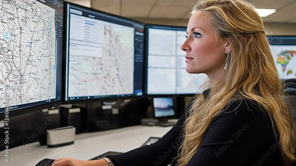 Poster a female analyst focuses on map displays in a modern operations center. concept of real-time monitor