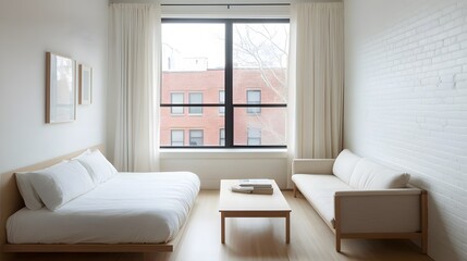 Fototapeta premium Minimalist Modern Bedroom Apartment Design with White Walls and Large Window