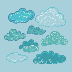 A captivating vector illustration showcasing whimsical, stylized clouds in soothing shades of blue and green, offering a playful and serene touch for creative and nature-inspired projects