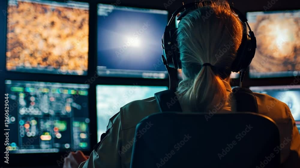 Poster a control room operator monitors multiple digital screens in a high-tech environment. concept of sur
