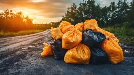 Landfill waste management pile of garbage bags at sunset outdoor environment dramatic viewpoint