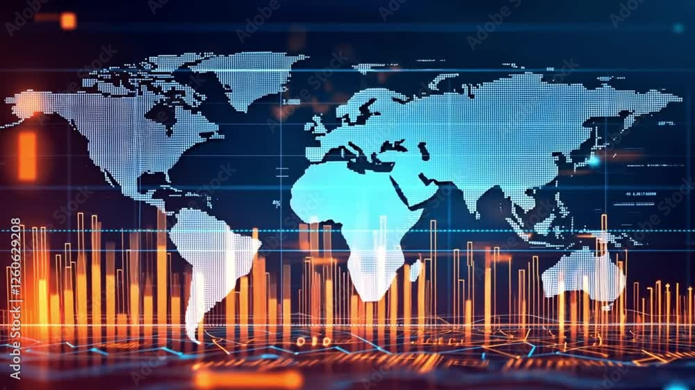 Poster data charts overlay a world map in a glowing blue and orange color scheme. concept of big data, busi