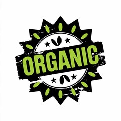 green organic stamp with leaf icon in starburst shape on a white background.
