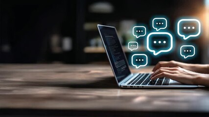 A person types on a laptop with chat bubbles floating above the keyboard, symbolizing AI Agents, AI Assistant, and virtual communication