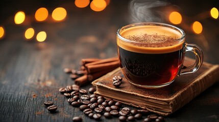 Cozy coffee cup on a wooden table surrounded by cinnamon sticks and coffee beans in soft lighting
