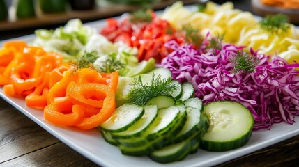 Colorful raw vegetable platter, kitchen table background, healthy food, recipe