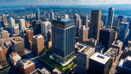 Vibrant cityscape featuring modern office building among skyscrapers