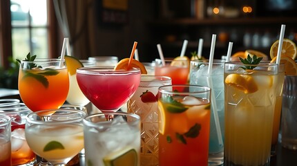 Large collection of summer refreshing cocktails in transparent glasses