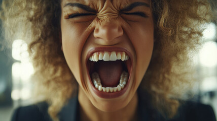 Businesswoman expressing frustration office setting close-up image emotional environment intense viewpoint
