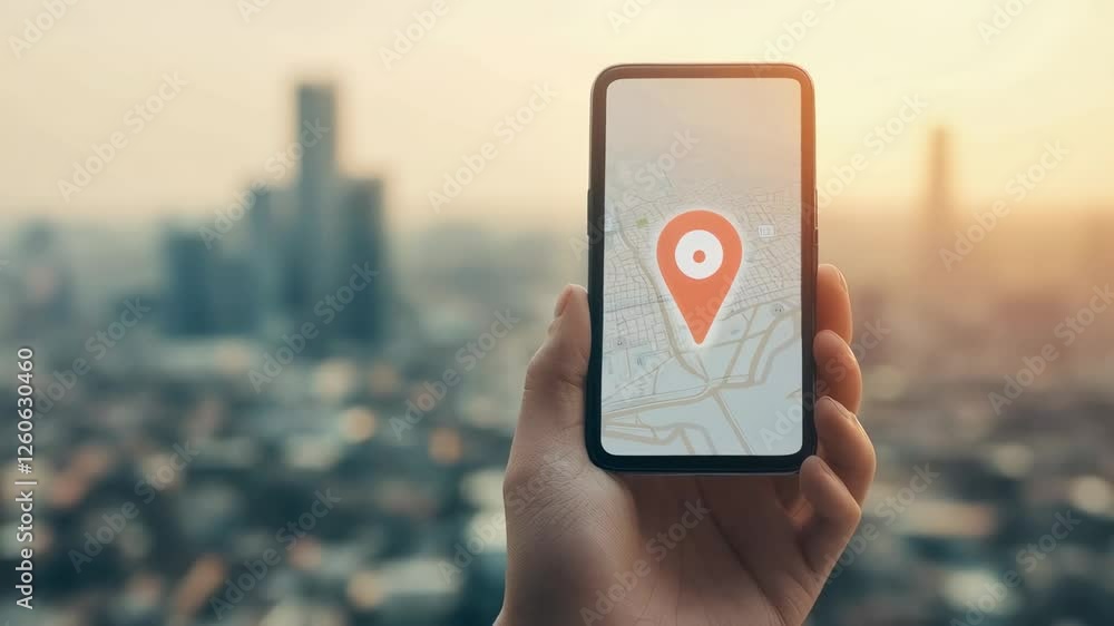 Poster hand holding smartphone displaying navigation app with glowing location pin against blurred urban sk