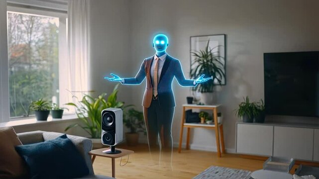An AI virtual agent in formal attire stands in the center of the room with hands open, representing AI Agents, AI Assistant, and digital workforce solutions