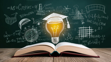 Creative illustration of a graduation cap above an opened book with a light bulb in a classroom setting promoting learning and knowledge