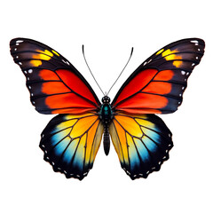 This vivid butterfly displays grand wings with striking red, yellow, and blue colors