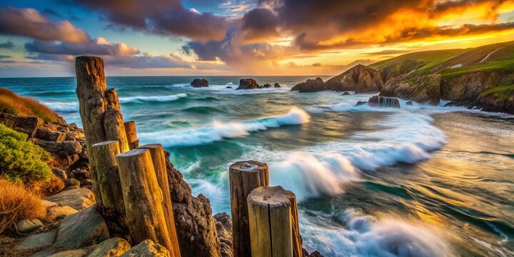 Dramatic Long Exposure Coastal Fence Post at Bodega Bay, California