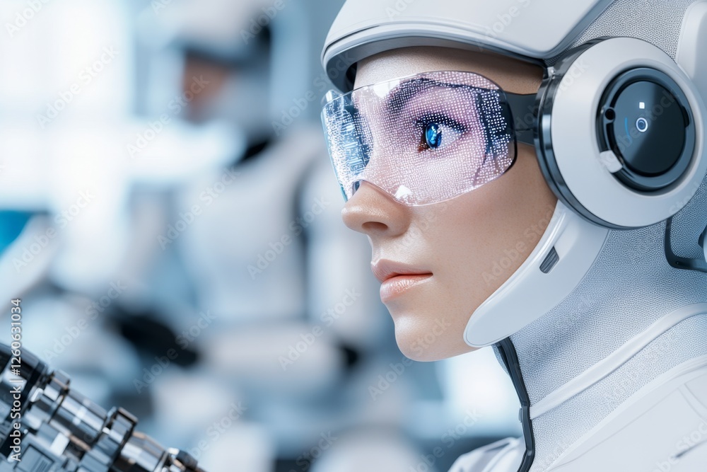 Poster a cyberpunk-inspired futuristic research facility where neon-lit ai robots assist scientists with da